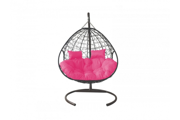 Подвесное кресло Кокон Для двоих ротанг каркас серый-подушка розовая