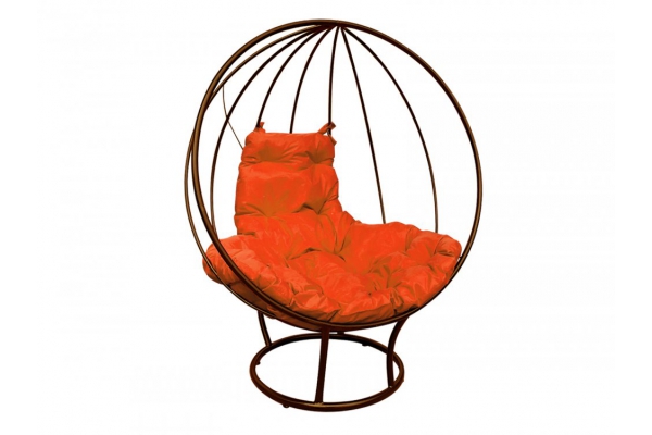 Кресло Кокон Круглый на подставке каркас коричневый-подушка оранжевая