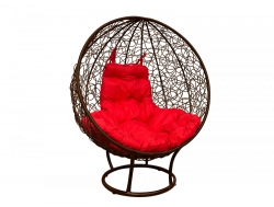 Кресло Кокон Круглый на подставке ротанг каркас коричневый-подушка красная