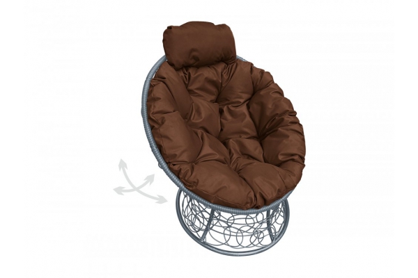 Кресло Папасан пружинка мини с ротангом каркас серый-подушка коричневая
